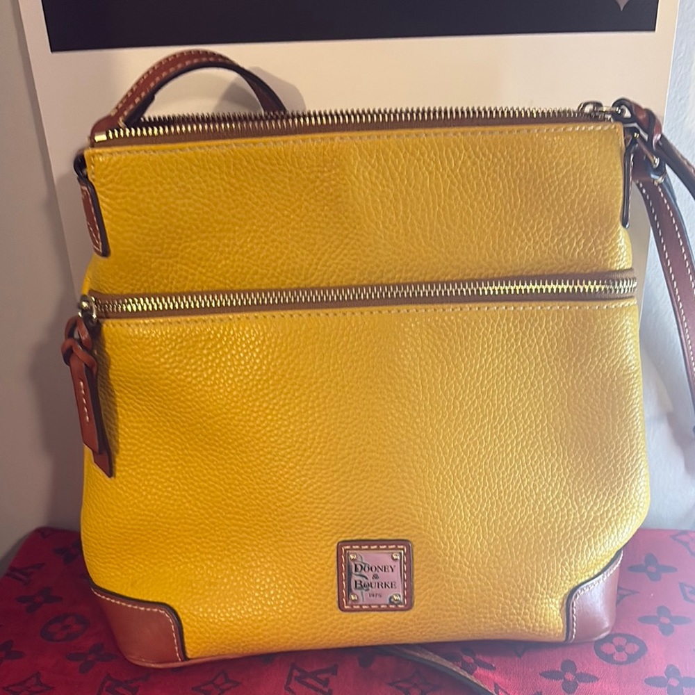 Dooney & Bourke Yellow Pebbled Leather Crossbody with Brown Trim